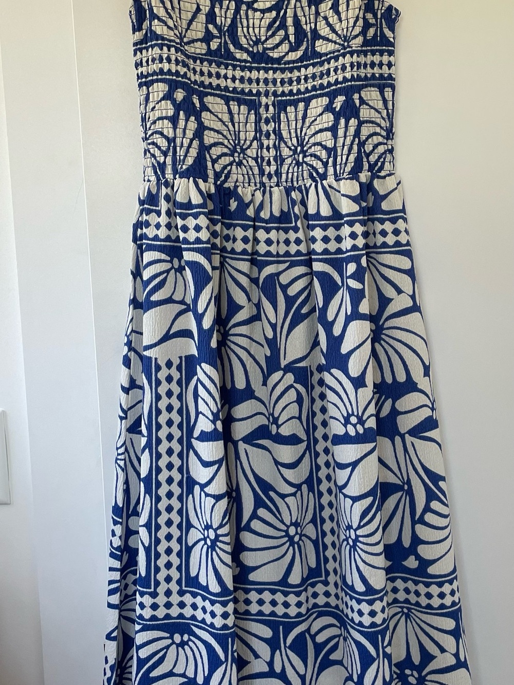 H&M Blue and White Strapless Midi Dress